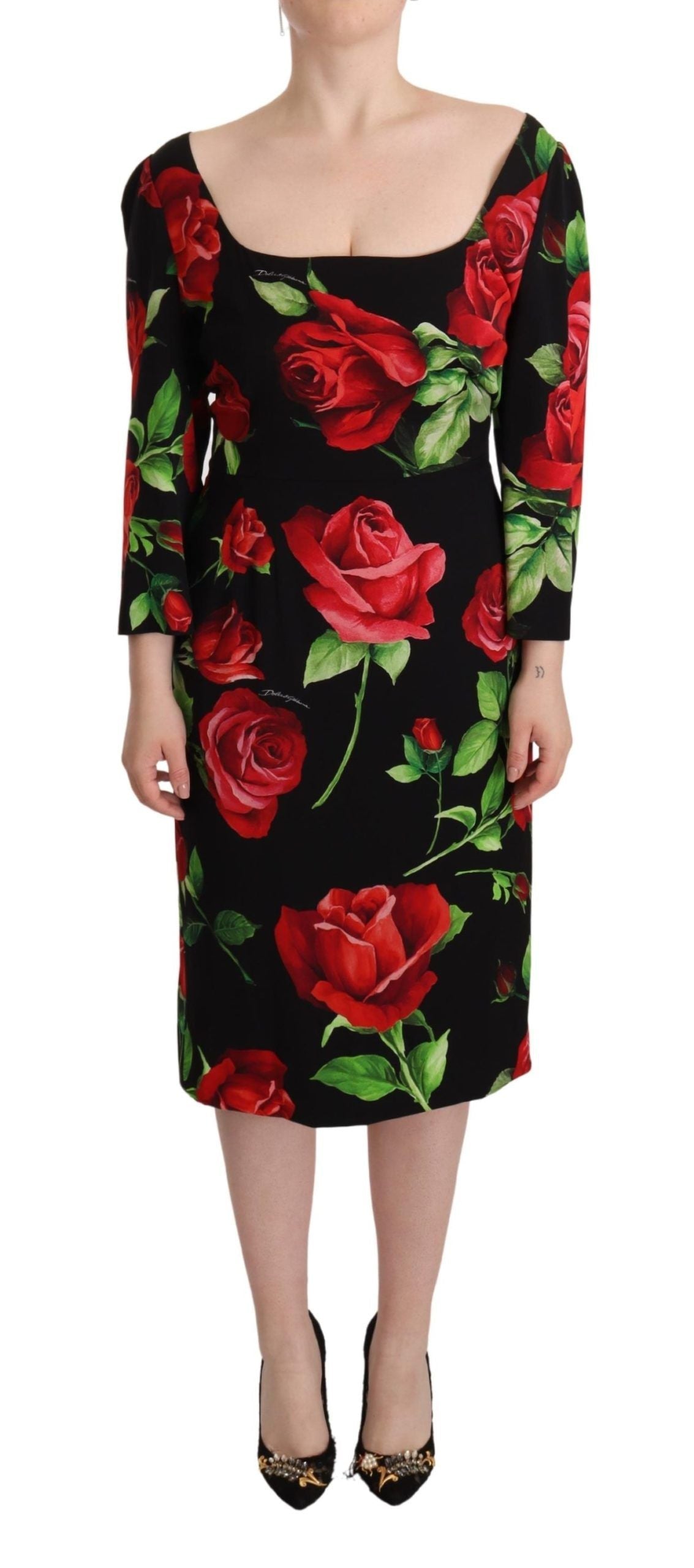 Black Red Roses Sheath Stretch Silk Dress by Faz