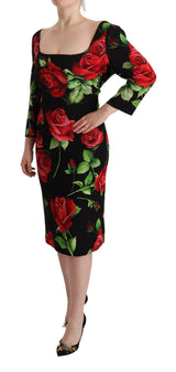 Black Red Roses Sheath Stretch Silk Dress by Faz