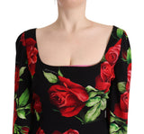 Black Red Roses Sheath Stretch Silk Dress by Faz