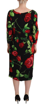 Black Red Roses Sheath Stretch Silk Dress by Faz