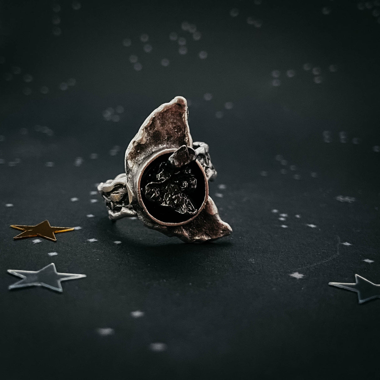 Crescent Moon Ring with Authentic Meteorite by Yugen Handmade