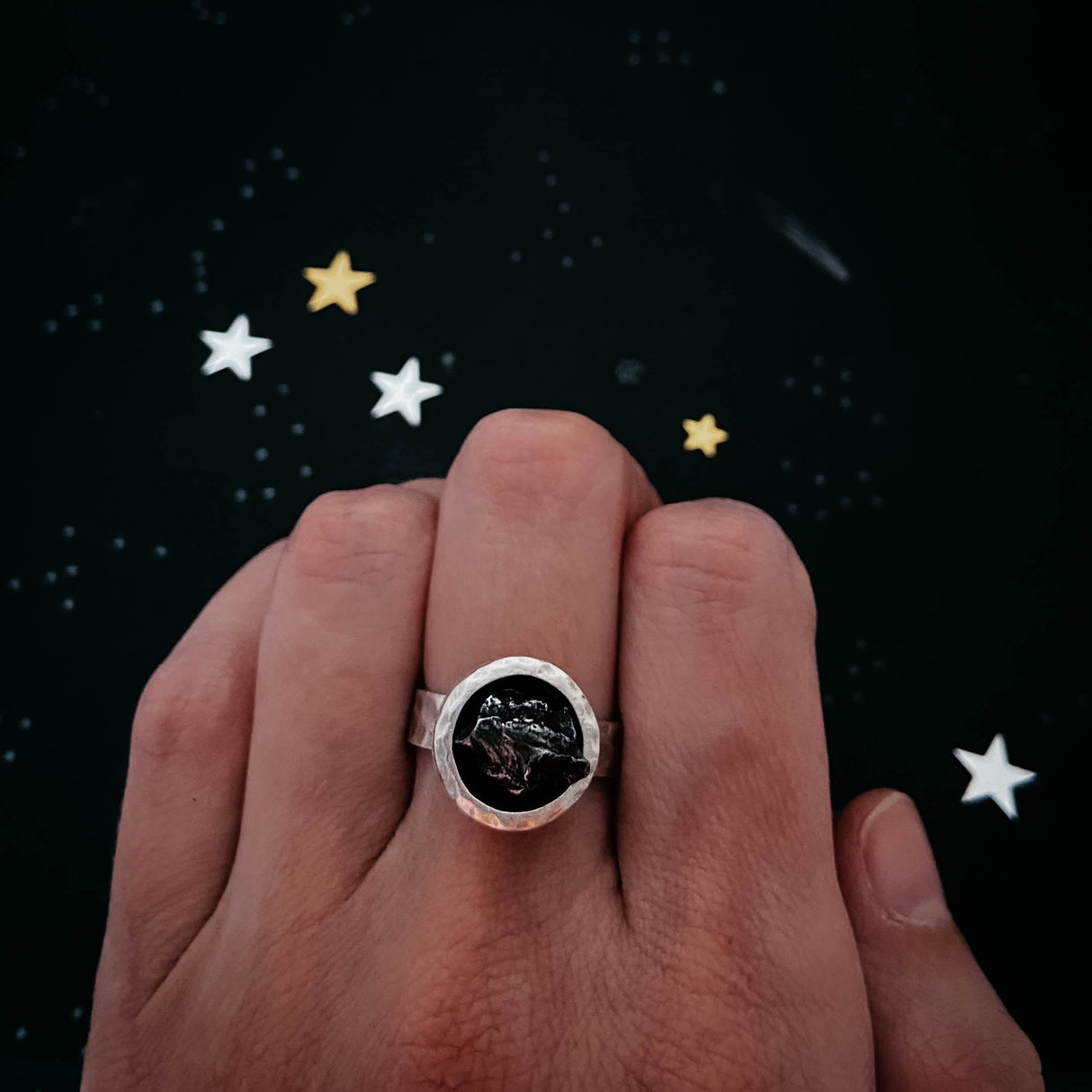 Chunky Round Raw Meteorite Ring in Silver by Yugen Handmade