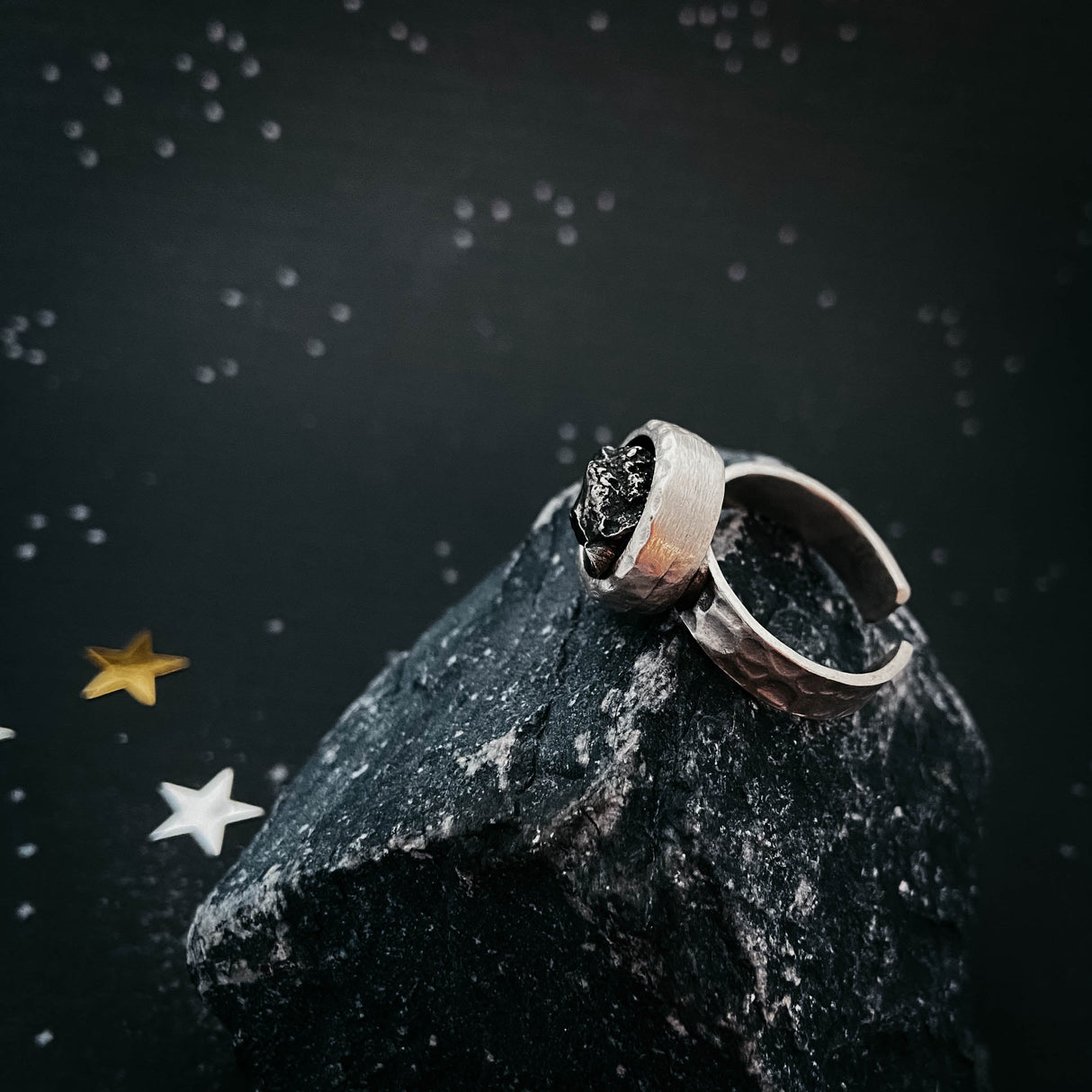 Chunky Round Raw Meteorite Ring in Silver by Yugen Handmade