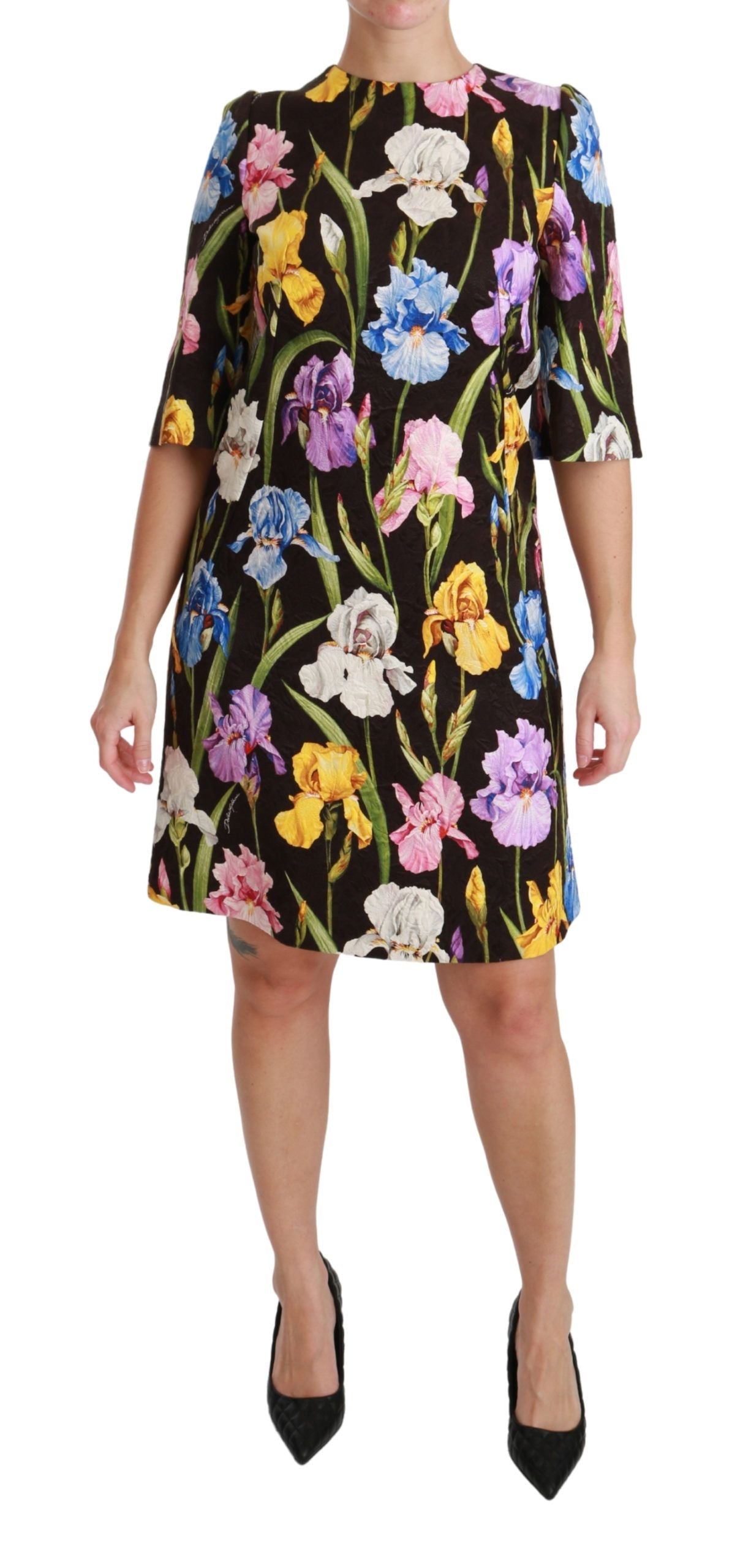 Black Cotton Silk Floral Shift Dress by Faz