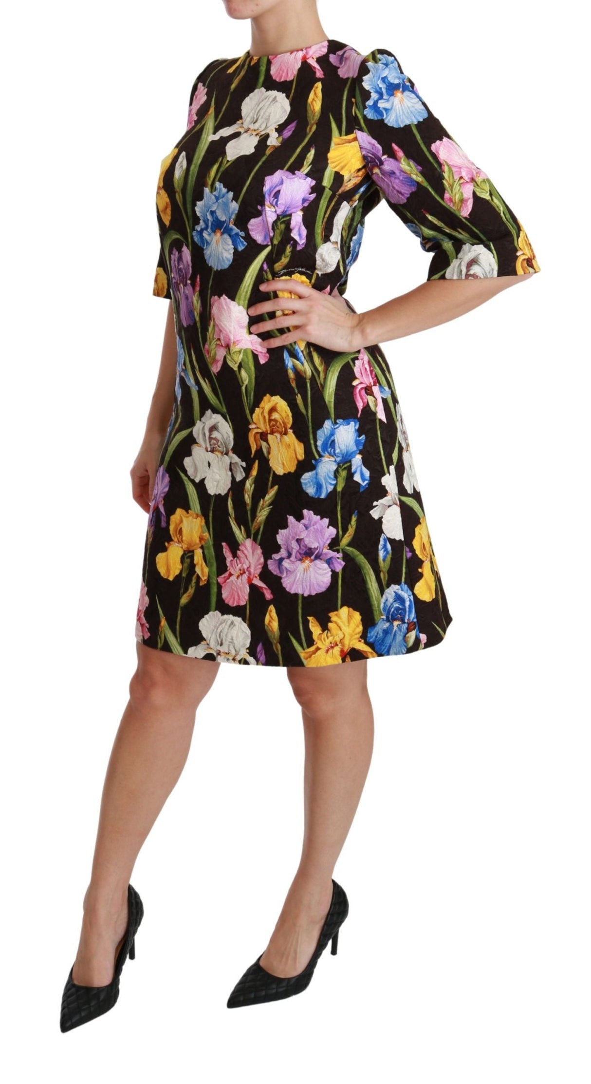 Black Cotton Silk Floral Shift Dress by Faz