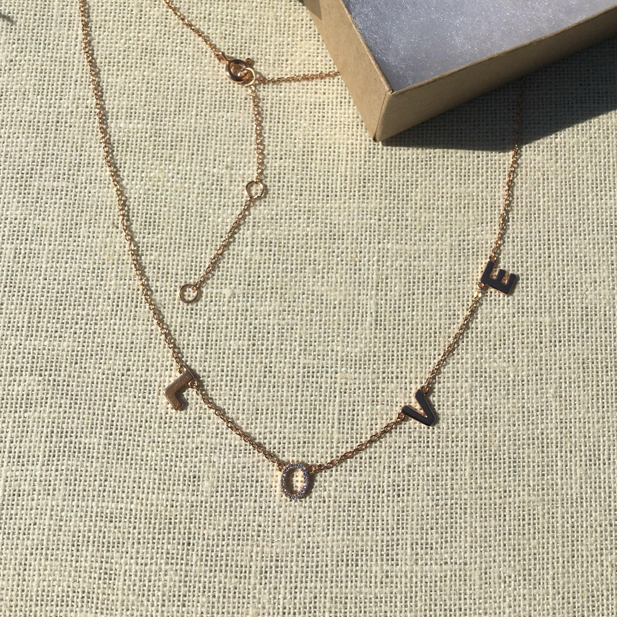 14k Gold L O V E Necklace with Diamonds by VicStoneNYC Fine Jewelry