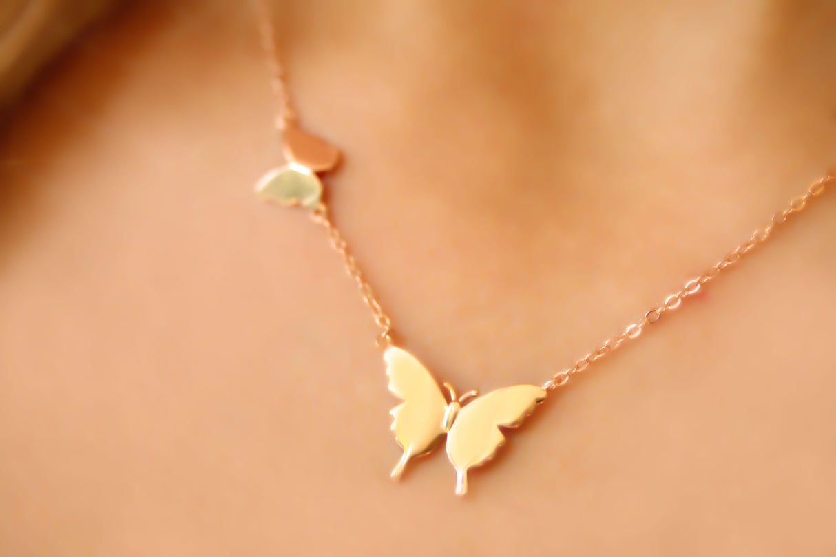 Butterfly Necklace, 14k Gold necklace, Double Butterfly Chain, Charm Pendant, Butterfly pendant by Gemsandkarats