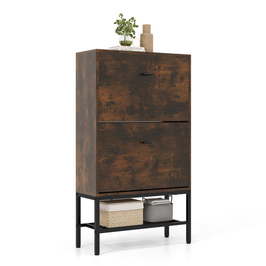 Industrial Shoe Storage Cabinet with 2 Flip Drawers and 1 Bottom Metal Shelf-Brown