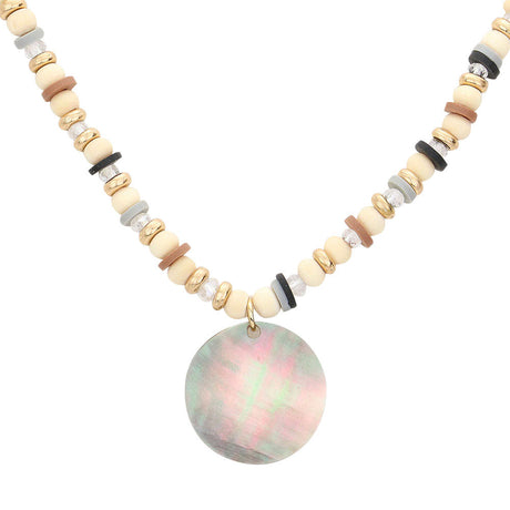 Wood Heishi Beaded Abalone Pendant Necklace by Madeline Love