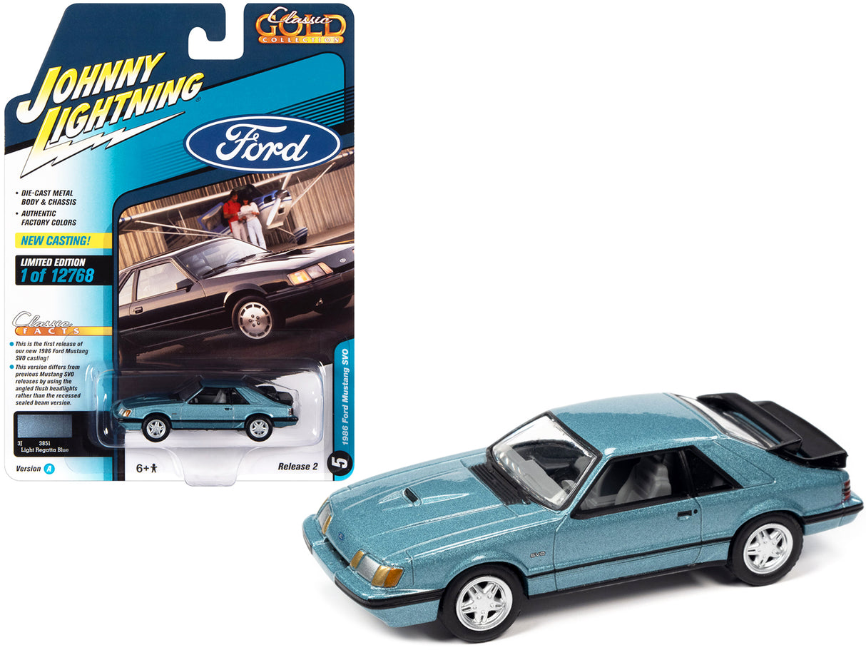 1986 Ford Mustang SVO Light Regatta Blue Metallic with Black Stripes "Classic Gold Collection" Series Limited Edition to 12768 pieces Worldwide 1/64 Diecast Model Car by Johnny Lightning