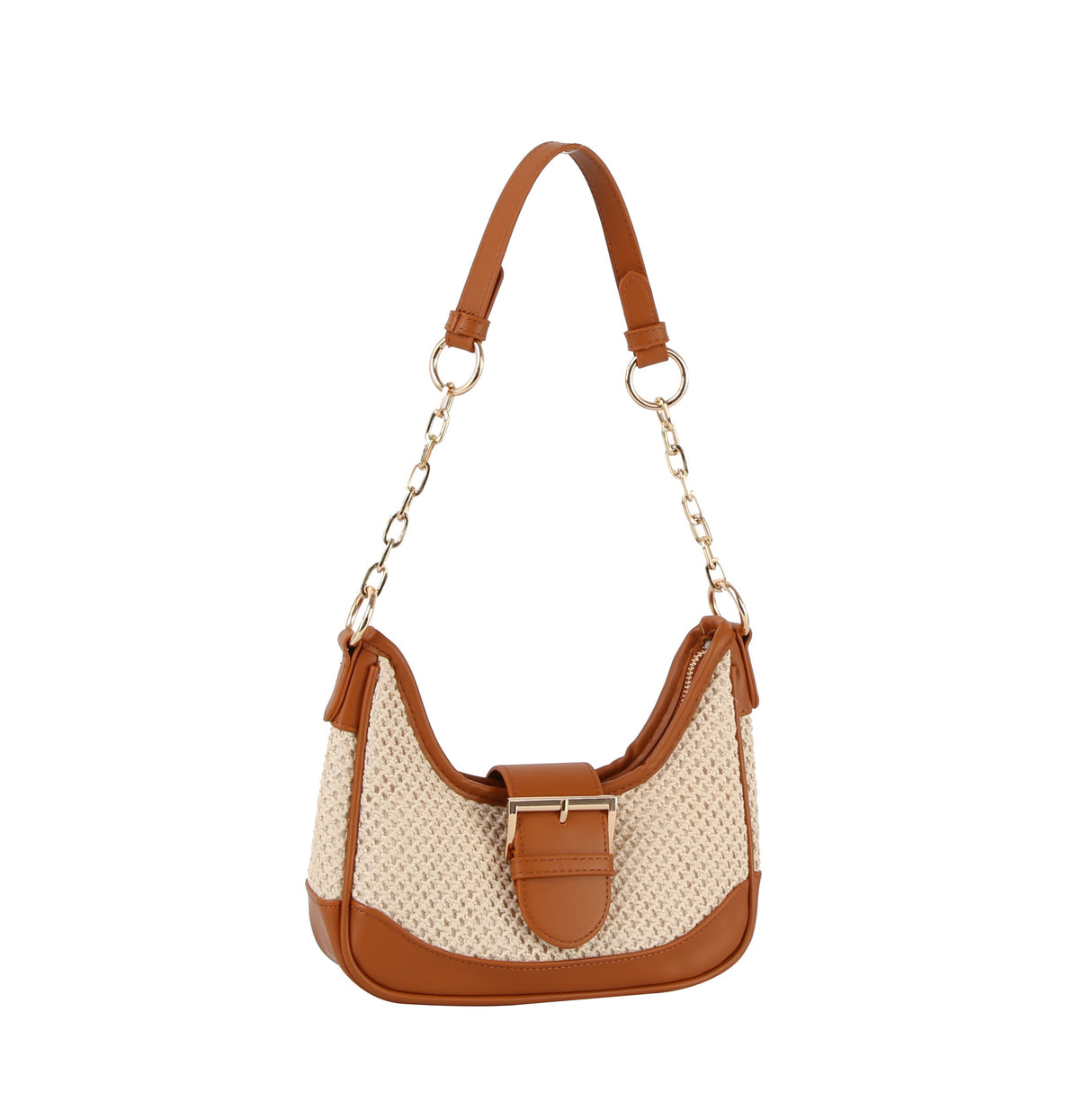 Buckle 2 tone fabric straw shoulder bag by hfstylish