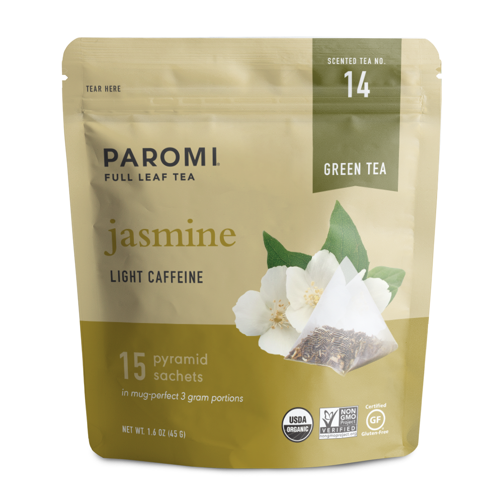 Organic Jasmine Green Tea, Full Leaf, in Pyramid Tea Bags by Paromi Tea