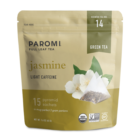 Organic Jasmine Green Tea, Full Leaf, in Pyramid Tea Bags by Paromi Tea