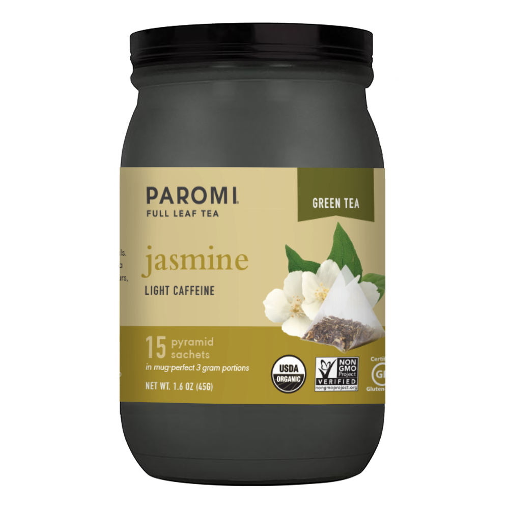 Organic Jasmine Green Tea, Full Leaf, in Pyramid Tea Bags by Paromi Tea