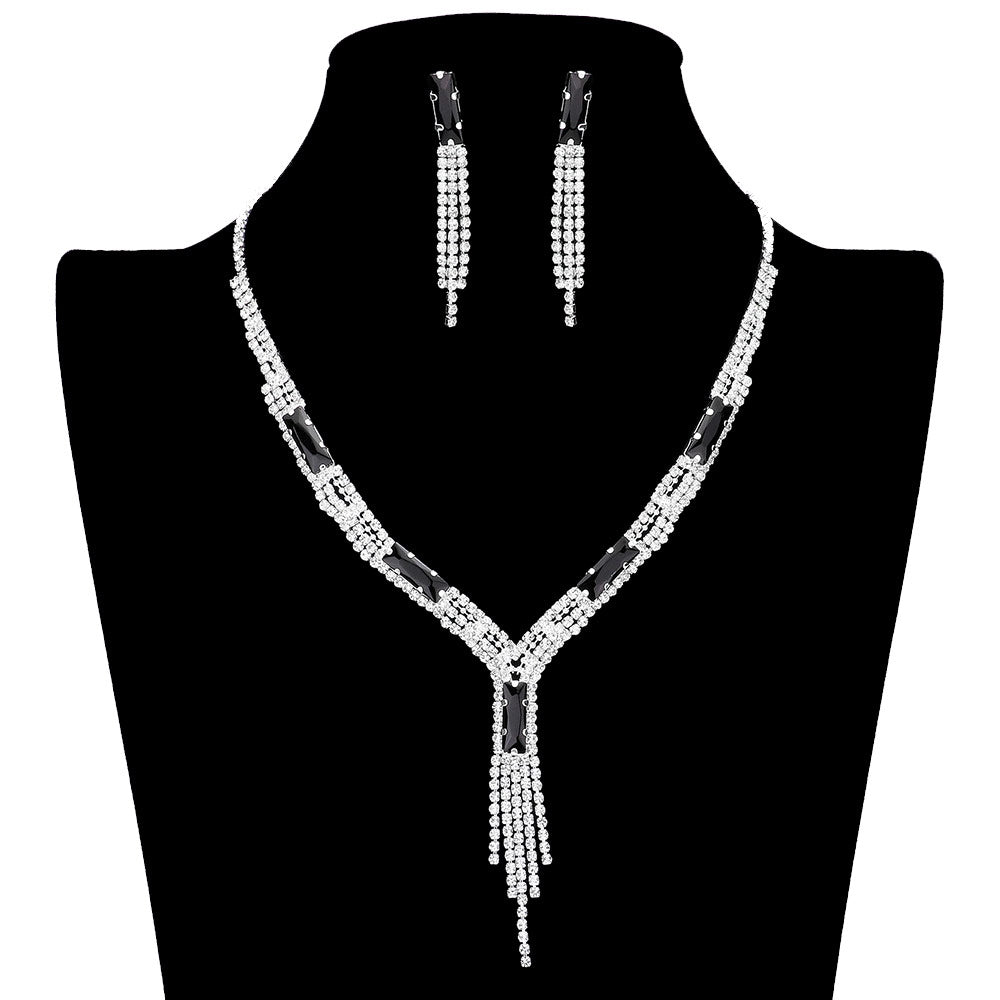 Rectangle Stone Accented Rhinestone Fringe Tip Jewelry Set by Madeline Love