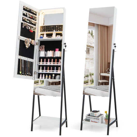 Lockable Freestanding Jewelry Organizer with Full-Length Frameless Mirror-White