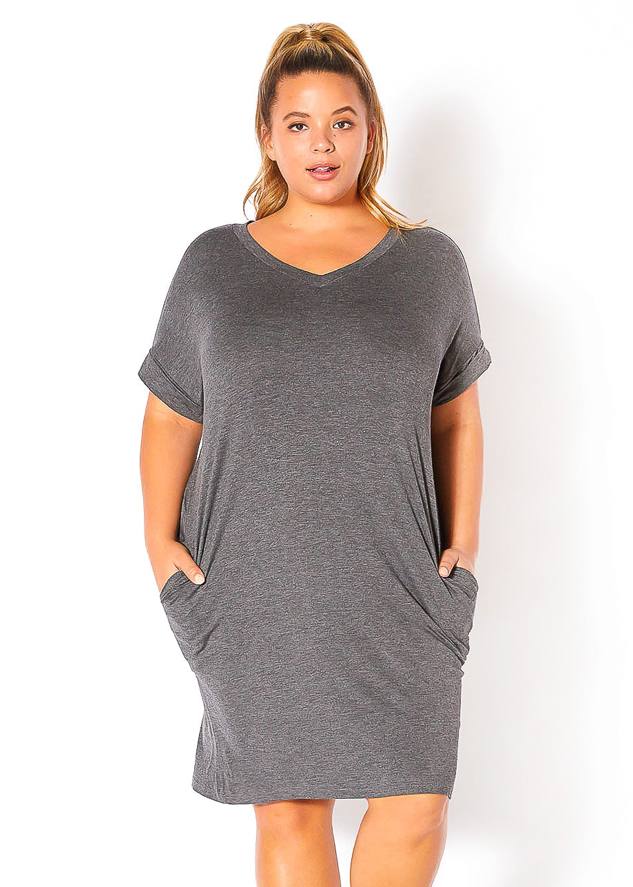 Plus Size V-Neck T-shirt Dress With Pocket by Shop at Konus