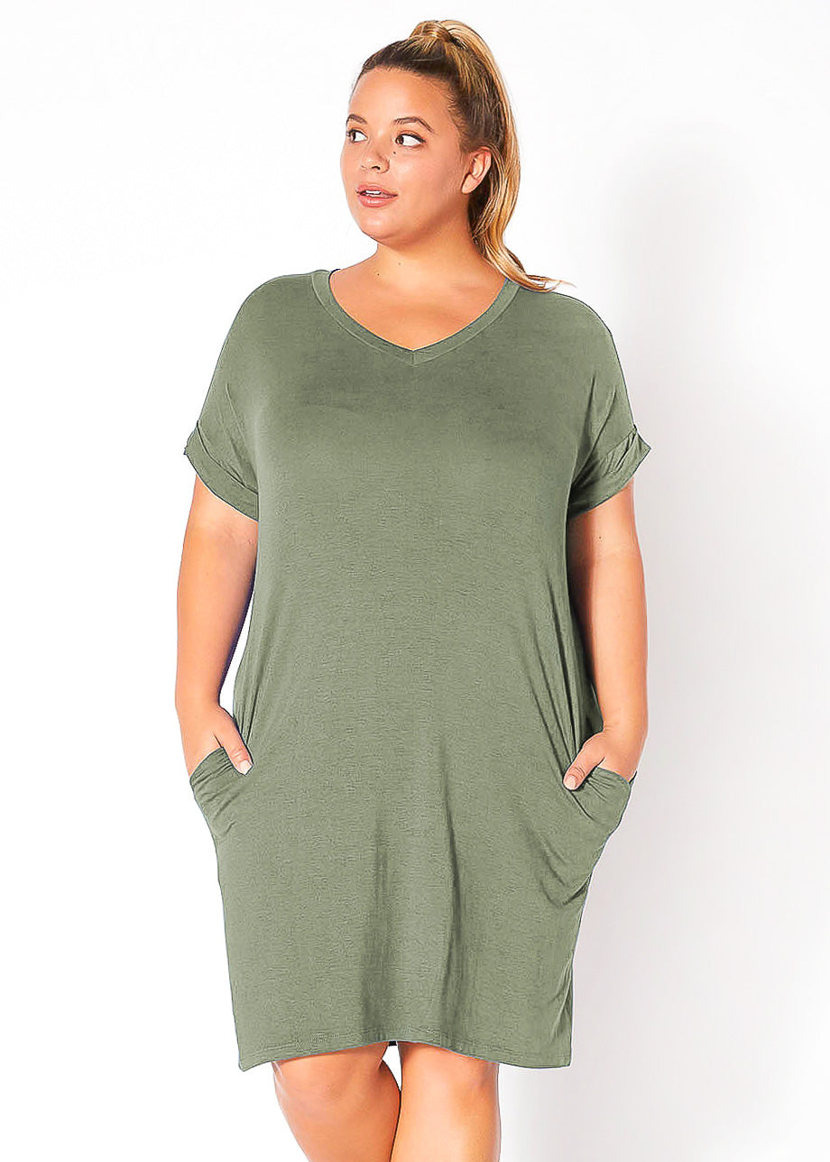 Plus Size V-Neck T-shirt Dress With Pocket by Shop at Konus