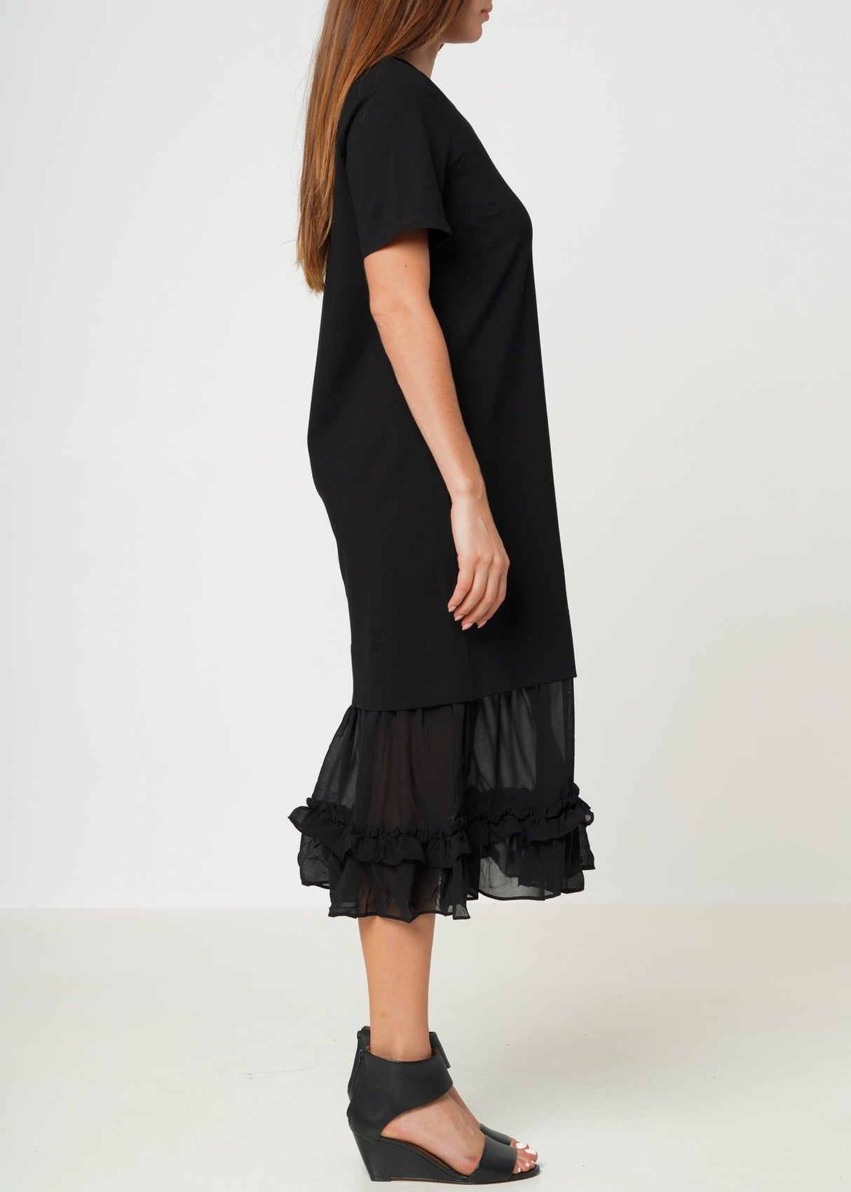 Sheer Contrast Ruffle Hem Midi Dress In Black by Shop at Konus