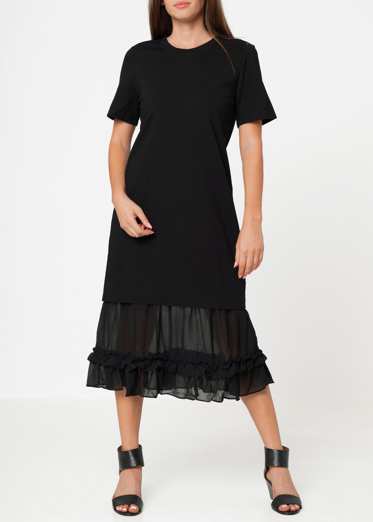 Sheer Contrast Ruffle Hem Midi Dress In Black by Shop at Konus