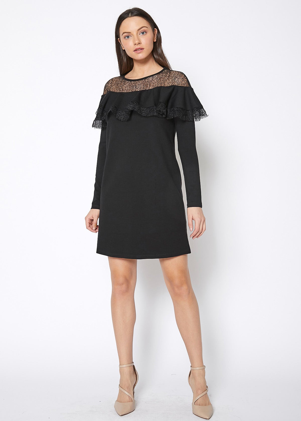 Lace Trim Sweatshirt Dress In Black by Shop at Konus