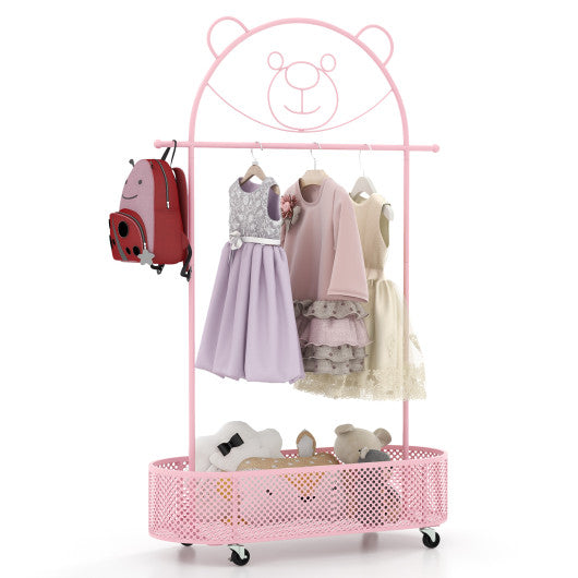 Kid Clothes Rack with 3 Adjustable Heights and Wheels-Pink