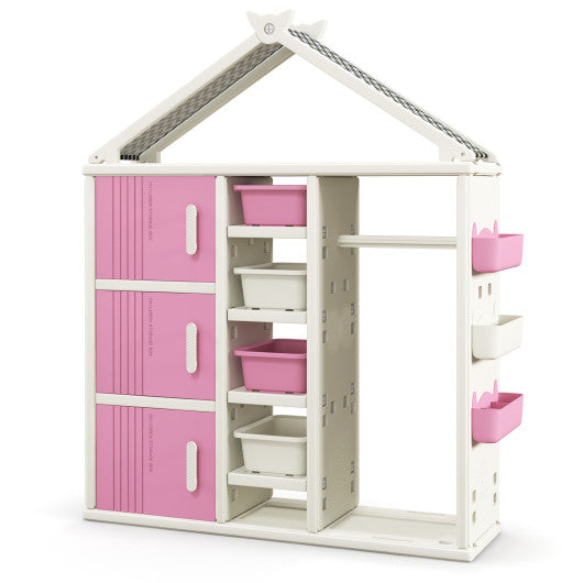 Kids Costume Storage Closet with Storage Bins and Shelves and Side Baskets for Kids Room-Pink