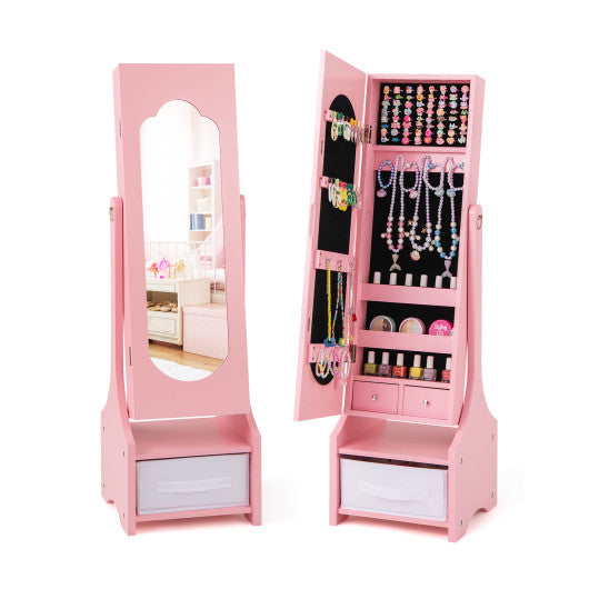 Freestanding Kids Jewelry Armoire Cabinet with Storage and 2 Tilt Angles-Pink