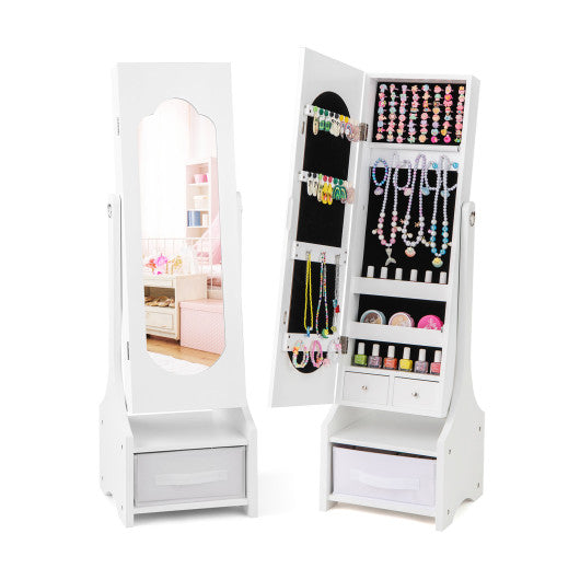 Freestanding Kids Jewelry Armoire Cabinet with Storage and 2 Tilt Angles-White