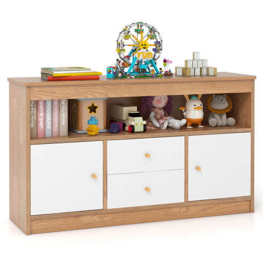 Kids Toy Storage Organizer with Open Shelf and 2 Drawers for Playroom-Natural