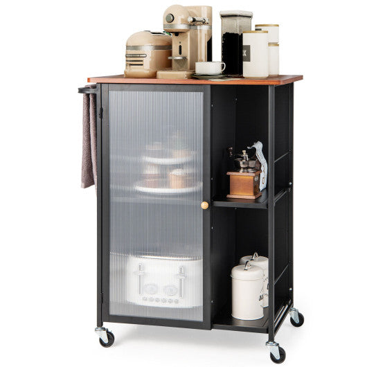 Mobile Serving Cart with Transparent Single Door Cabinet-Black