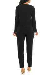 Nina Leonard scoop neck embellished shoulder long sleeve with elastic waist pant by Curated Brands