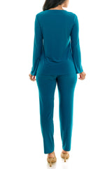 Nina Leonard scoop neck embellished shoulder long sleeve with elastic waist pant by Curated Brands