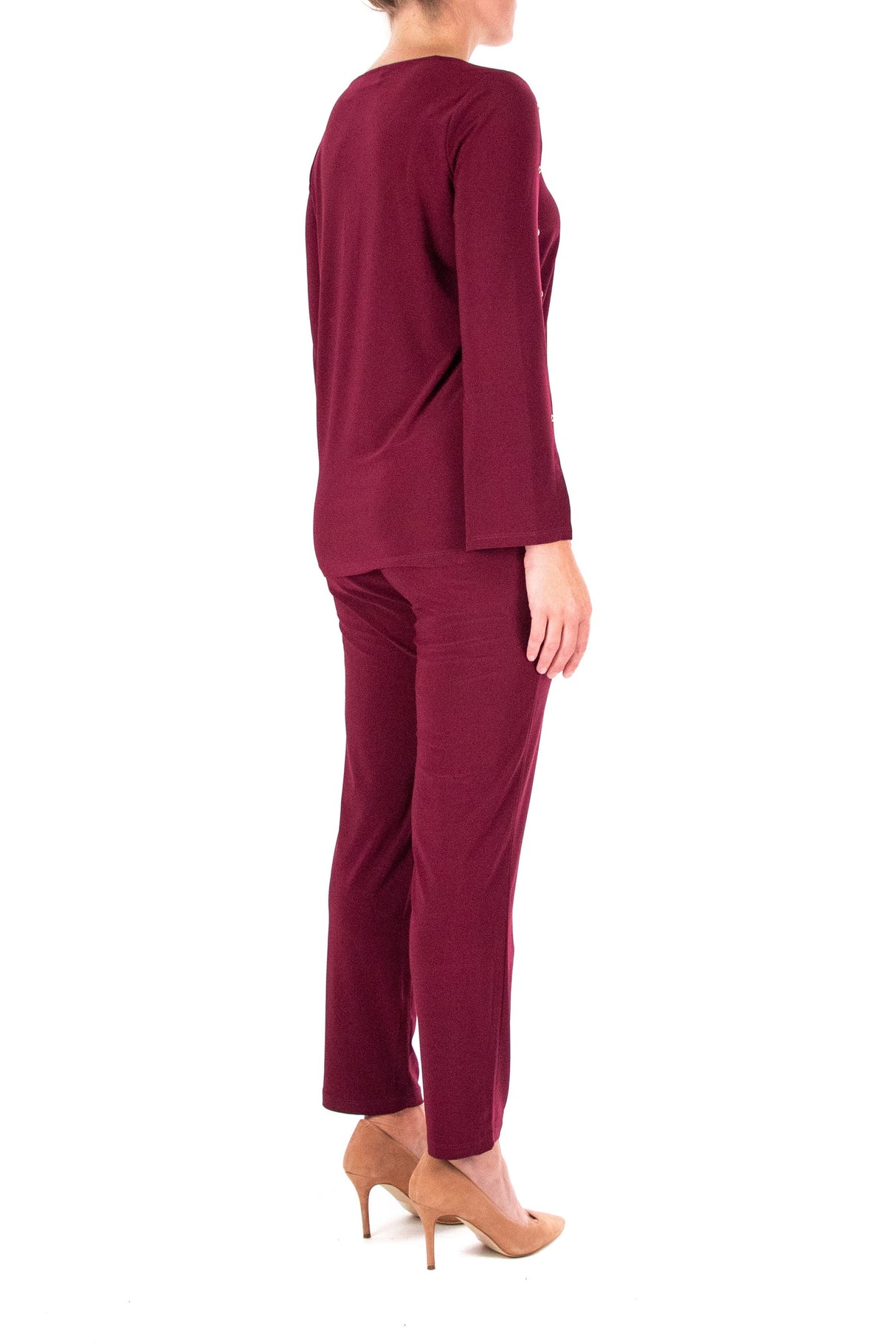 Nina Leonard scoop neck embellished shoulder long sleeve with elastic waist pant by Curated Brands