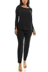 Nina Leonard scoop neck embellished shoulder long sleeve with elastic waist pant by Curated Brands