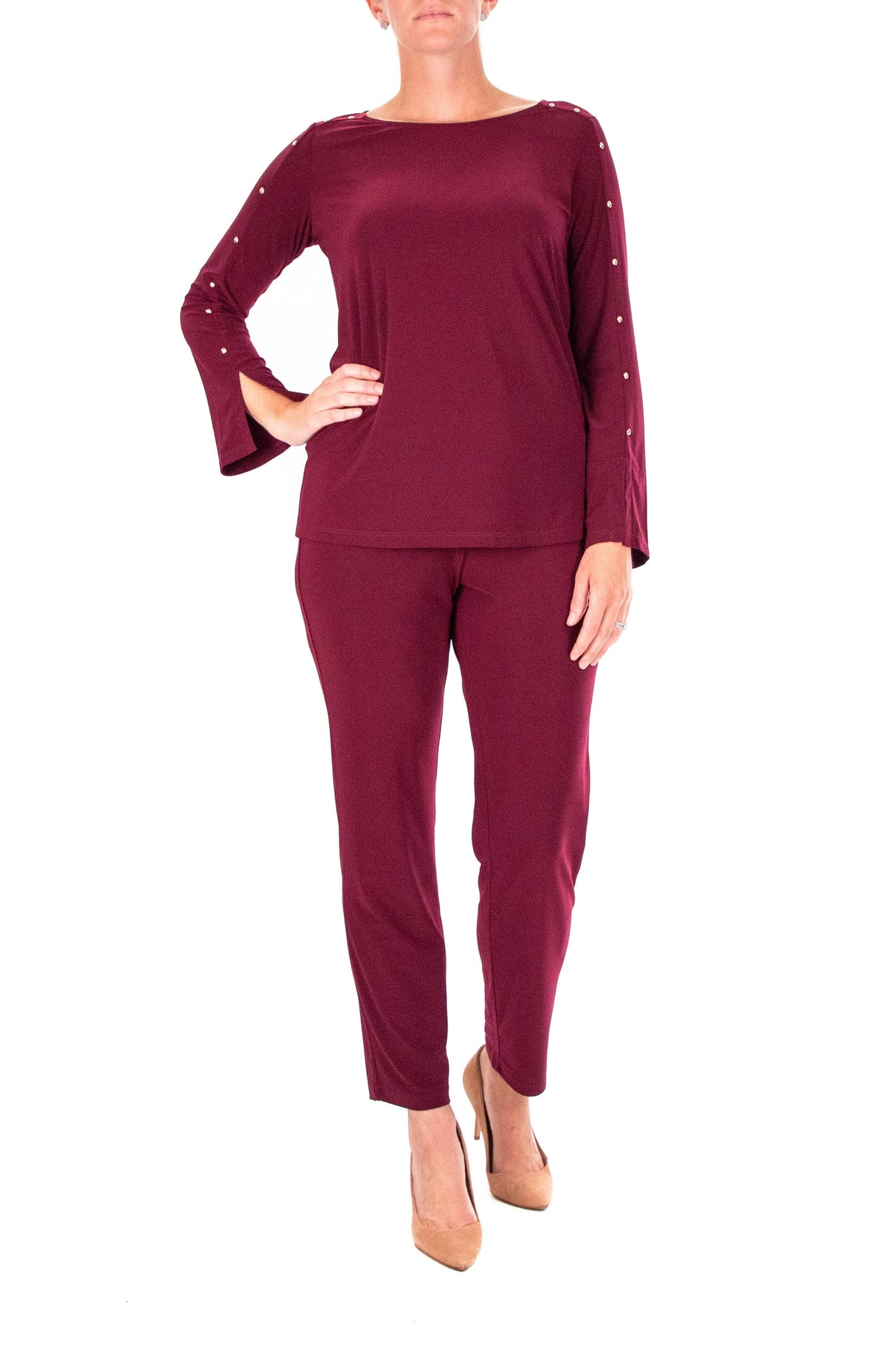 Nina Leonard scoop neck embellished shoulder long sleeve with elastic waist pant by Curated Brands