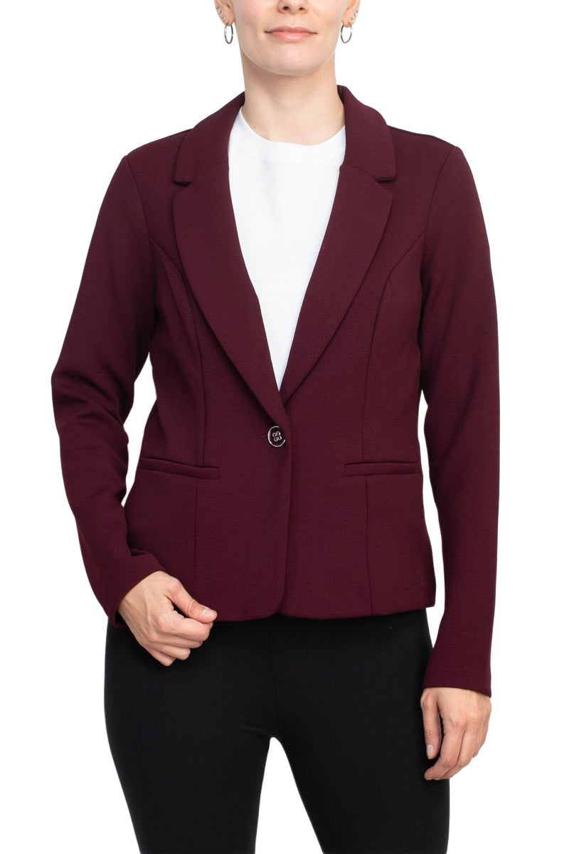 Nina Leonard Collar Neck One Button Long Sleeve Crepe Blazer by Curated Brands