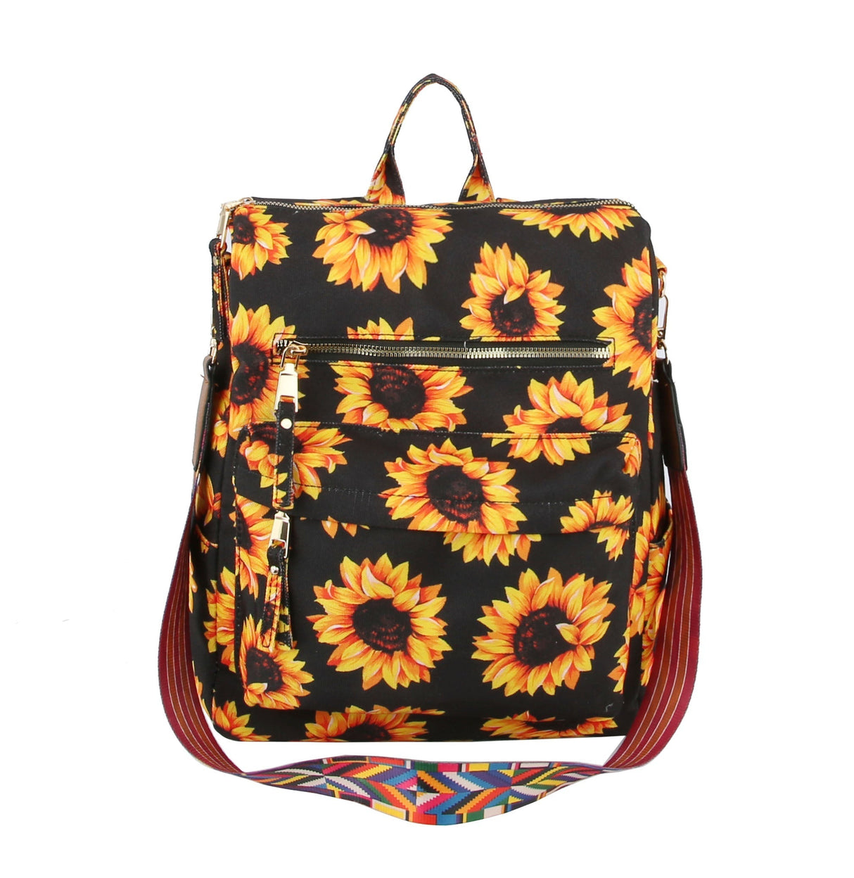 Large Sunflower Printed Travel Backpack with Guitar Strap by hfstylish