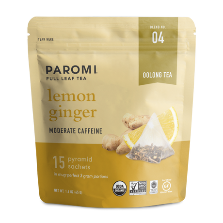 Organic Lemon Ginger Oolong Tea, Full Leaf, in Pyramid Tea Bags by Paromi Tea