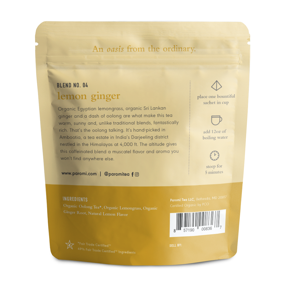 Organic Lemon Ginger Oolong Tea, Full Leaf, in Pyramid Tea Bags by Paromi Tea