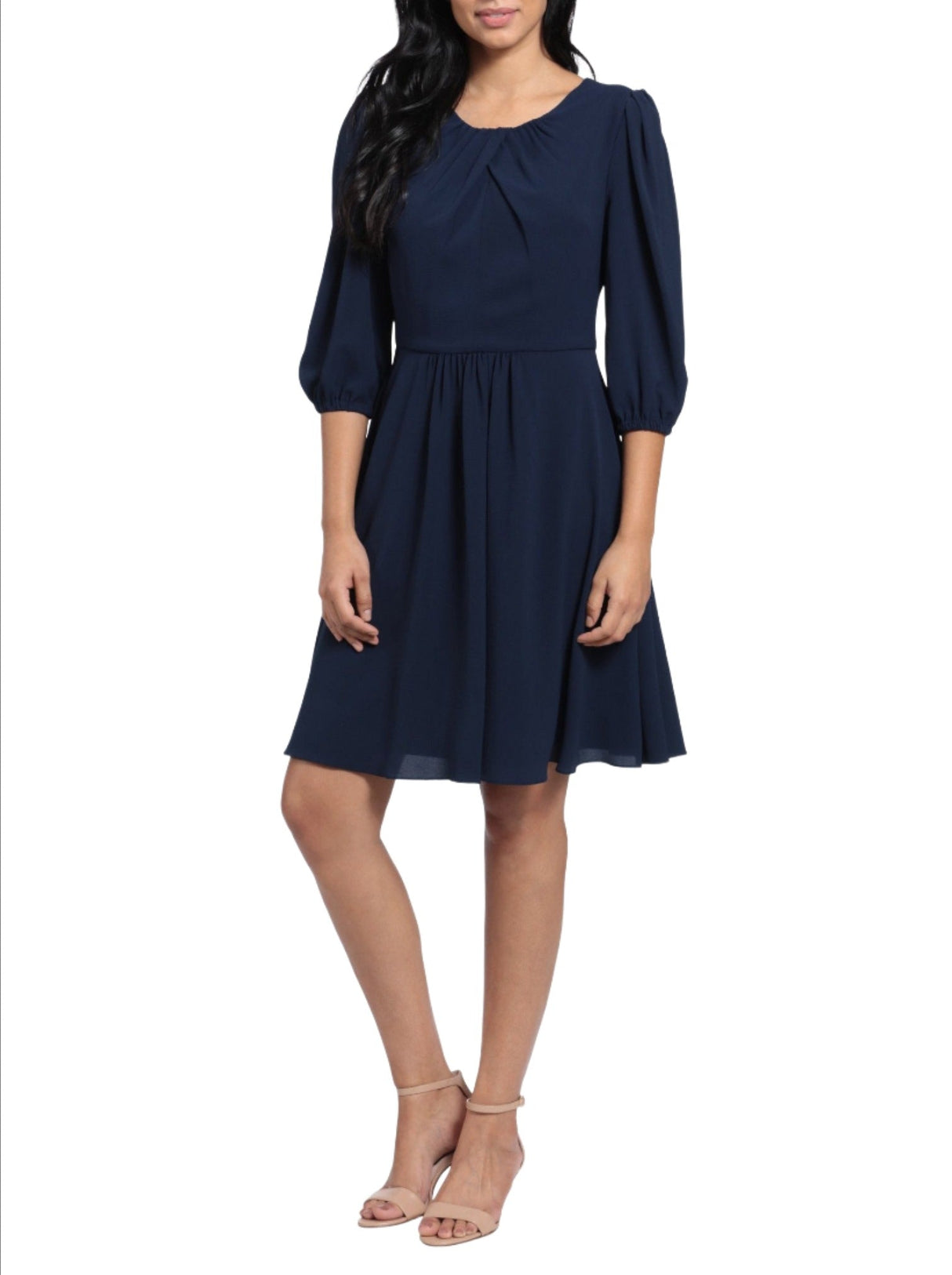 London Times Pleated Scoop Neck Elbow Sleeve Solid Fit & Flare Crepe Dress by Curated Brands