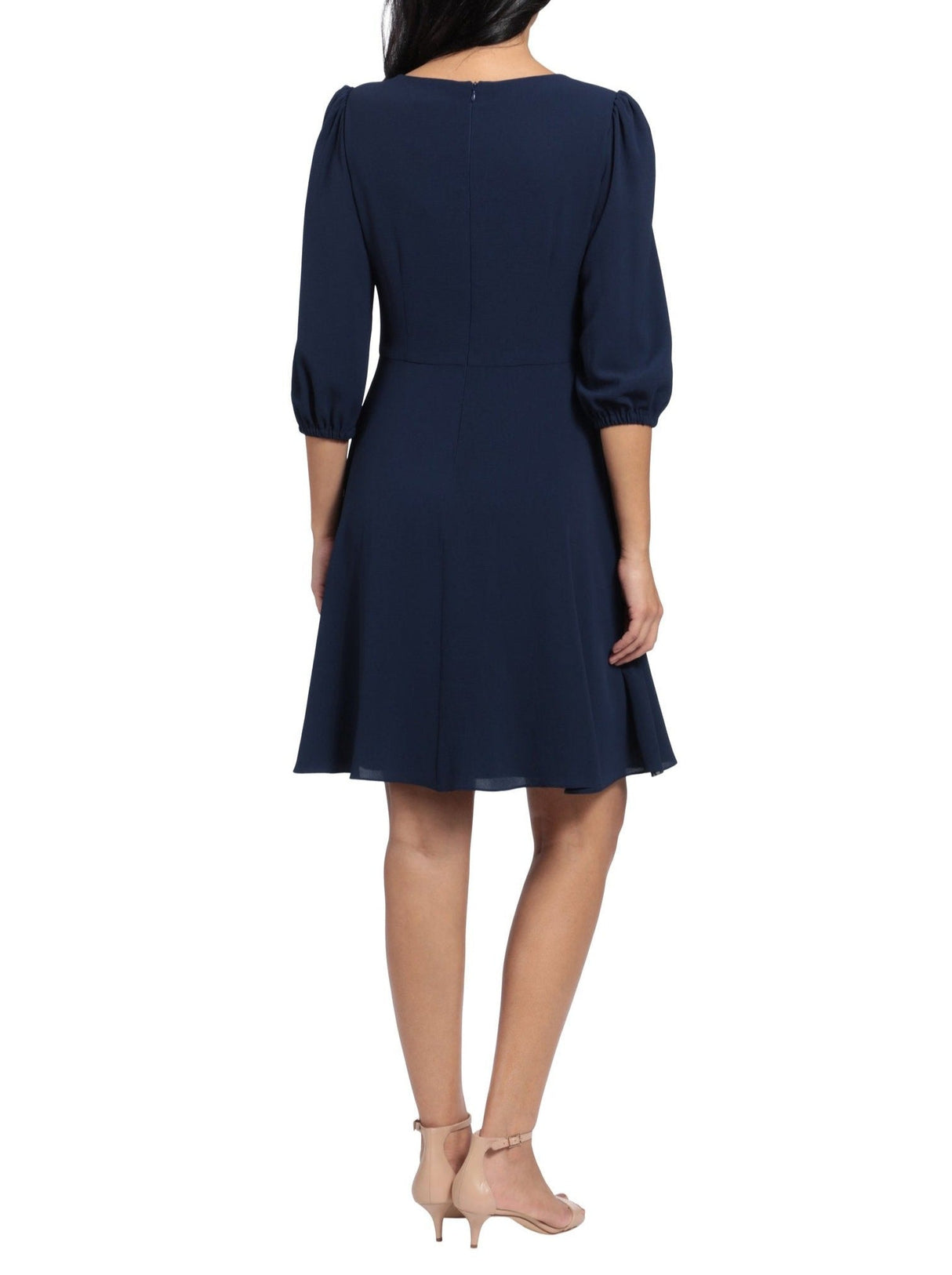 London Times Pleated Scoop Neck Elbow Sleeve Solid Fit & Flare Crepe Dress by Curated Brands