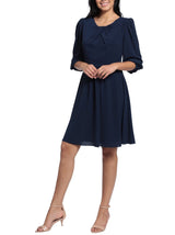 London Times Pleated Scoop Neck Elbow Sleeve Solid Fit & Flare Crepe Dress by Curated Brands