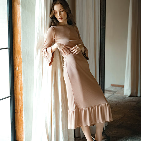 MARJORIE Ruffle Rib Dress, in Camel Brown by BrunnaCo