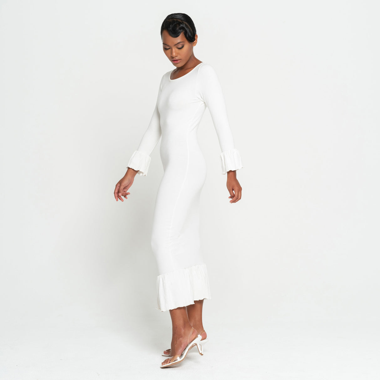 MARJORIE Bamboo Ruffle Dress, in Off-white by BrunnaCo