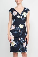 Catherine Malandrino V-Neck Gathered Side Cap Sleeve Floral Print Jersey Dress by Curated Brands