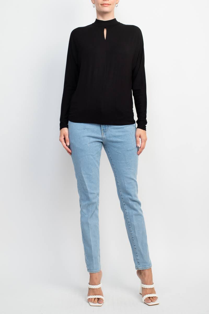 Catherine Malandrino High Neck Keyhole Front Long Sleeve Solid Knit Top by Curated Brands