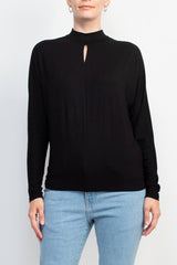 Catherine Malandrino High Neck Keyhole Front Long Sleeve Solid Knit Top by Curated Brands