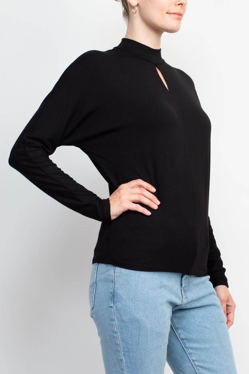 Catherine Malandrino High Neck Keyhole Front Long Sleeve Solid Knit Top by Curated Brands