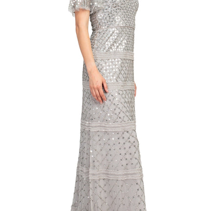 Aidan Mattox V-Neck Short Sleeve Beaded Sequined Piping Detail Zipper Back Mesh Dress by Curated Brands